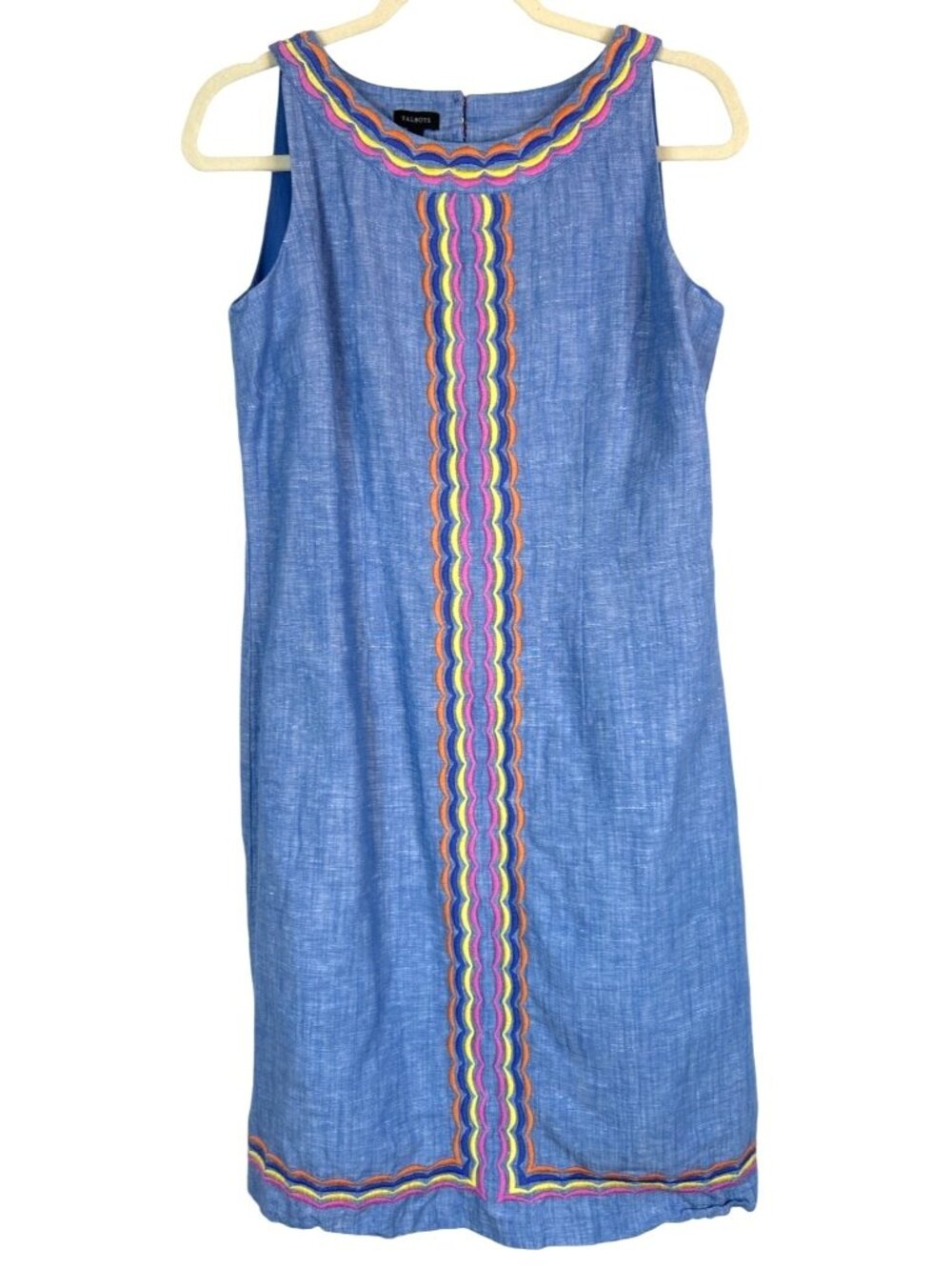 Talbots Sleeveless Chambray Shift Dress Blue Linen Blend Size 4 Embroidered
